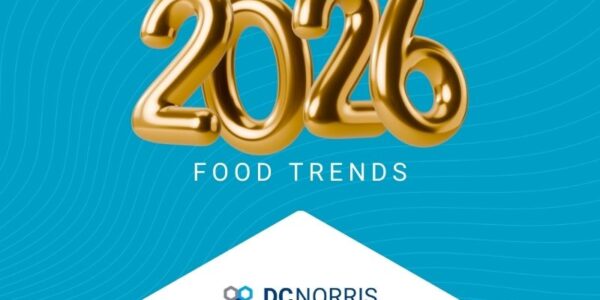 a bright blue background with a floating '2026' in gold above a headline that reads "food trends". The DC Norris North America logo is at the bottom.