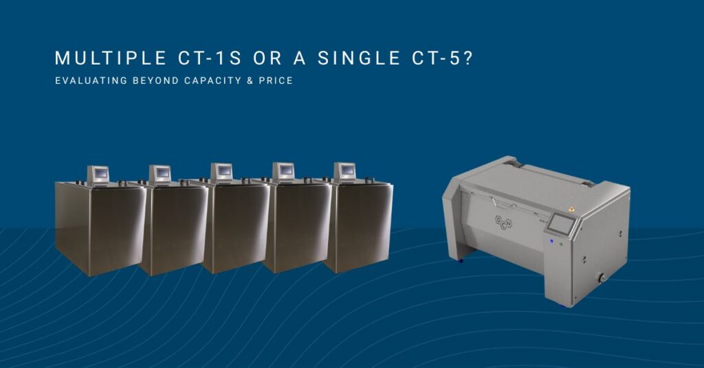 on a dark blue background there are 5 model ct-1s side by side next to a single model Ct-5 beneath a headline that reads" Multiple CT-1s or a single CT-5? Evaluating Beyond Capacity & Price