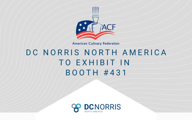 the ACF logo is at the top featuring a line drawing of a chef in uniform and a stylized American Flag. Below the logo is a headline that reads DC Norris North America to Exhibit in Booth #431. The DC Norris North America logo is below the headline.
