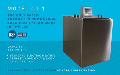 The DC Norris North America CT-1 commercial sous vide system is on a bright blue background. Text next to the image reads: The only fully-automated commercial sous vide system made in the USA, CAPACITY: 100-120 LBS, STANDARD ELECTRIC HEATING DEFROST, COOK ONLY & COOK CHILL OPTIONS, AVAILABLE EXCLUSIVELY THROUGH DC NORRIS NORTH AMERICA