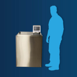 a bright blue silhouette of a man standing next to the DC Norris North America CT-1 Sous Vide Cook Tank to show the scale of the machine