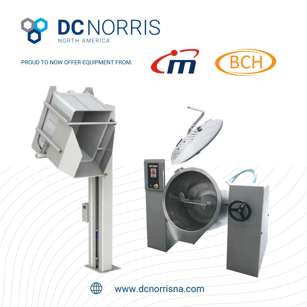 an image of a column loader manufactured by Marel and an orbiter kettle manufactured by BCH stating that these are part of the newly expanded equipment portfolio available through DC Norris North America.