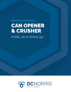 Deep blue background makes up the cover of the DC Norris North America Industrial Can Opening & Can Crushing Equipment Brochure cover. There are shadowed hexagons in the same blue color above the DC Norris North America Logo.