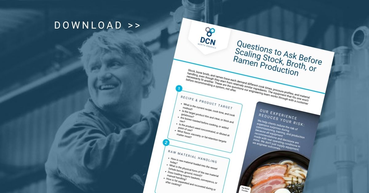 the background is a smiling member of the DC Norris team in the equipment warehouse. The feature of the image is the cover of DC Norris North America's checklist for preparing to scale broth production with a headline that reads 'download'