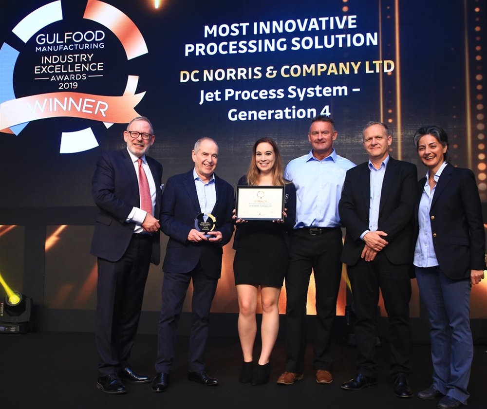 DC Norris team receives 'Most Innovative Processing Solution' award on stage at Gulfood Manufacturing Industry Excellence Awards in October, 2019