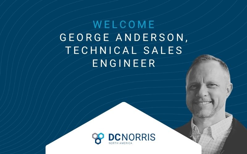 Deep blue background with faint wavy gray lines has a headline that reads "Welcome George Anderson, Technical Sales Engineer" just above a black and white headshot of George Anderson. The DC Norris North America logo is centered at the bottom of the image.