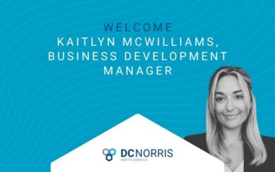 a bright blue background with faint wavy lines has a headline that reads 'welcome Kaitlyn McWilliams, Business Development Manager' next to a black and white headshot of Kaitlyn McWilliams. Centered at the bottom of the image is the DC Norris North America logo.