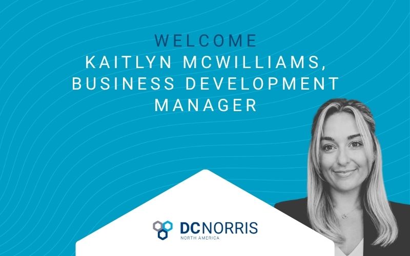 a bright blue background with faint wavy lines has a headline that reads 'welcome Kaitlyn McWilliams, Business Development Manager' next to a black and white headshot of Kaitlyn McWilliams. Centered at the bottom of the image is the DC Norris North America logo.
