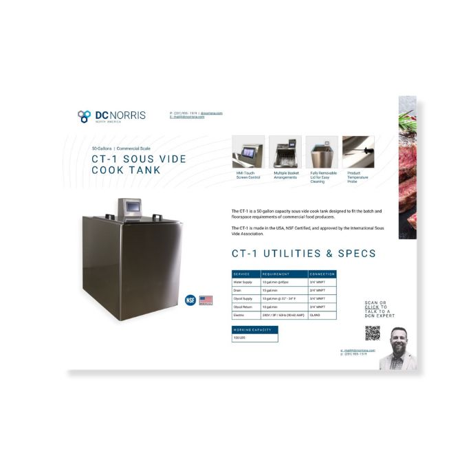the first page of the DC Norris North America CT-1 Sous Vide Cook Tank spec sheet is on a white background. The spec sheet shows the stainless steel CT-1 cook tank with closeup images of the equipment controls.