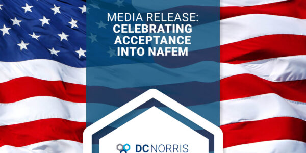 the American Flag is spanning the background with a headline about the DC Norris North America logo that reads: Media Release: Celebrating Acceptance Into NAFEM