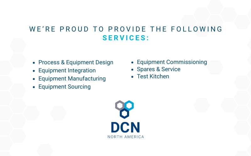 a dark blue headline reads: We're Proud to Provide the Following Services and below it is a bulleted list of services. The list includes: Process & Equipment Design, Equipment Integration, Equipment Manufacturing, Equipment Sourcing, Equipment Commissioning, Spares & Service, Test Kitchen
