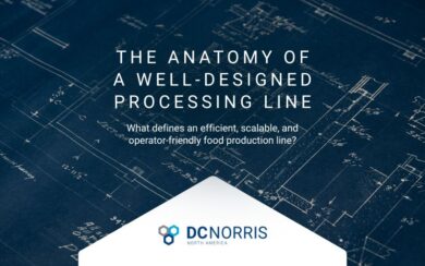 the background image is the closeup of a section of a blueprint. Over it is a headline that reads "The Anatomy of a Well-Designed Processing Line". This headline is above the DC Norris North America logo.
