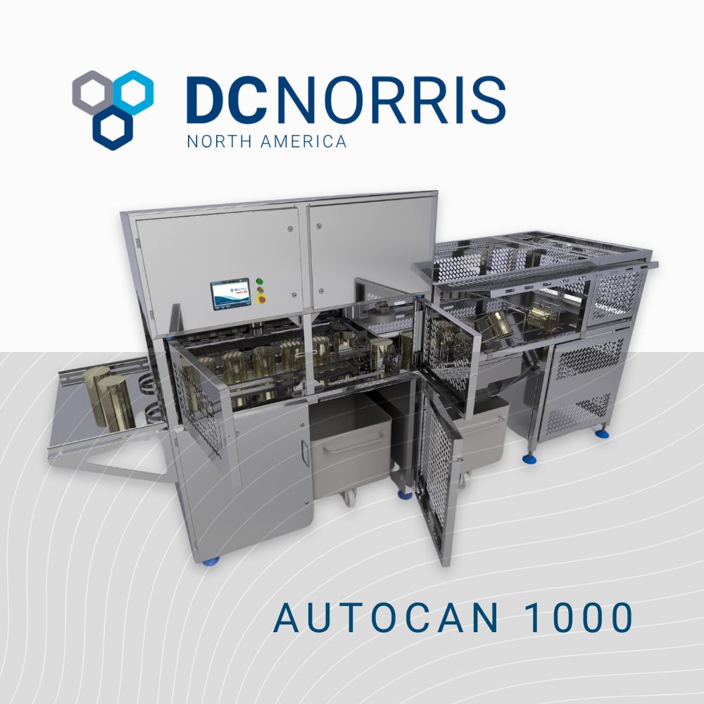 a rendering of the stainless steel DC Norris AutoCan 1000 on a gray and white background. The DC Norris North America logo is at the top and at the bottom of the image in the right hand corner it reads 'AUTOCAN 1000'