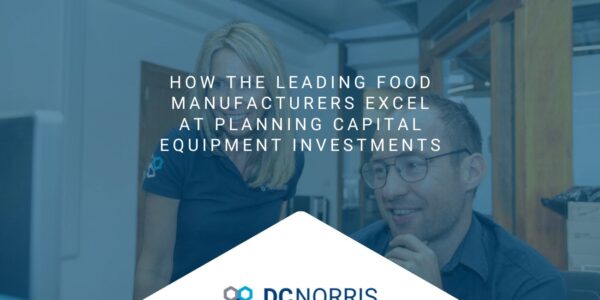 there's a slightly faded background image showing a woman with blonde hair next to a man in glasses looking at a computer screen. A headline reads" how the leading food manufacturers excel at planning capital equipment investments" above the DC Norris North America logo