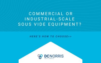 the background of the image is a vibrant cerulean blue with faint wavy lines. The headline reads: commercial or industrial-scale sous vide equipment? Here's how to choose. Below the headline is the DC Norris North America logo.