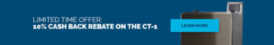 a navy blue background with a headline that reads: Limited Time Offer: 10% Cash Back Rebate on the CT-1. Next to the headline is a bright blue button that reads 'learn more'. Behind the button is an image of the DC Norris North America CT-1 Sous Vide Cook Tank