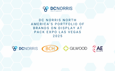 Several logos appear on a white background, in order from left to right: DC Norris North America, DC Norris, BCH, GIlwood, AE Mixers. The logos are below a headline that reads "DC Norris North America's Portfolio of Brands on Display at Pack Expo Las Vegas 2025