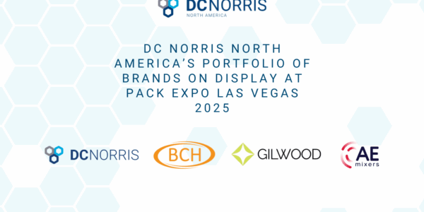 Several logos appear on a white background, in order from left to right: DC Norris North America, DC Norris, BCH, GIlwood, AE Mixers. The logos are below a headline that reads "DC Norris North America's Portfolio of Brands on Display at Pack Expo Las Vegas 2025