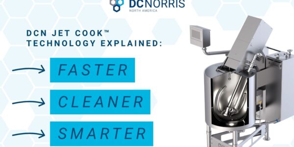 an image of a steam jacketed kettle with a cross section removed to show the DCN Jet Cook™ system inside of the kettle is the background. The headline reads: DCN Jet Cook™ Technology Explained: Faster, Cleaner, Smarter. The DC Norris North America logo is at the top on a white background.
