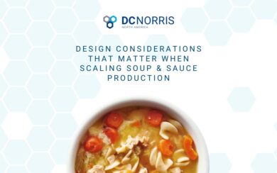 a bowl of chicken noodle soup is on a white background below a headline that reads "design considerations that matter when scaling soup and sauce production". The DC Norris North America logo is at the top.