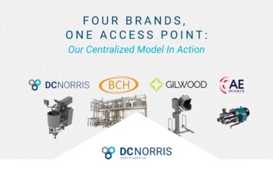 a headline reads: Four Brands, One Access Point: Our Centralized Model in Action. Just below the headline are four logos: DC Norris, BCH, Gilwood, and AE Mixers. Below each logo is a stainless steel piece of food processing machinery. A kettle, a CIP system, a lift and a mixer. The DC Norris North America logo is at the bottom.