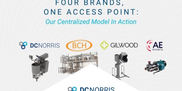 a headline reads: Four Brands, One Access Point: Our Centralized Model in Action. Just below the headline are four logos: DC Norris, BCH, Gilwood, and AE Mixers. Below each logo is a stainless steel piece of food processing machinery. A kettle, a CIP system, a lift and a mixer. The DC Norris North America logo is at the bottom.