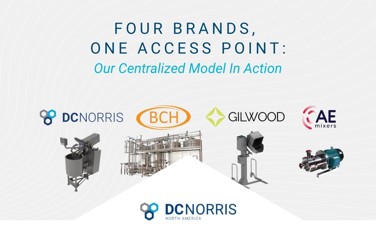 a headline reads: Four Brands, One Access Point: Our Centralized Model in Action. Just below the headline are four logos: DC Norris, BCH, Gilwood, and AE Mixers. Below each logo is a stainless steel piece of food processing machinery. A kettle, a CIP system, a lift and a mixer. The DC Norris North America logo is at the bottom.