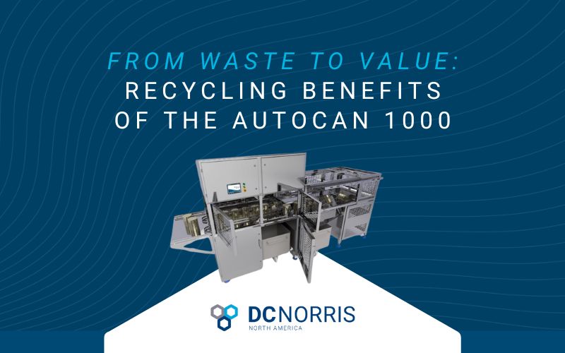 A light blue and white headline that reads: From Waste to Value - Recycling Benefits of the AutoCan 1000 is on a navy blue background. A rendering of the DC Norris Autocan is above the DC Norris North America logo