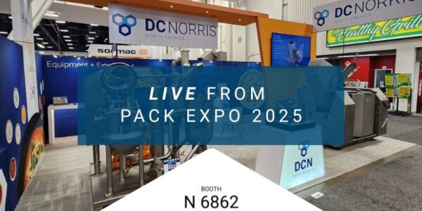 an image of the DC Norris North America tradeshow booth setup at Pack Expo Las Vegas 2025 is the background image. The booth is vibrant shades of blue and orange with stainless steel food processing equipment on the floor. There's a headline in white text that reads "Live from Pack Expo 2025" above DC Norris North America's Booth number N-6862