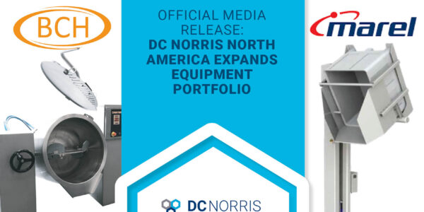 the BCH Orbiter kettle and a Marel lift are in the background below the BCH and Marel logos. The headline on the image reads: Official Media Release: DC Norris North America expands equipment portfolio