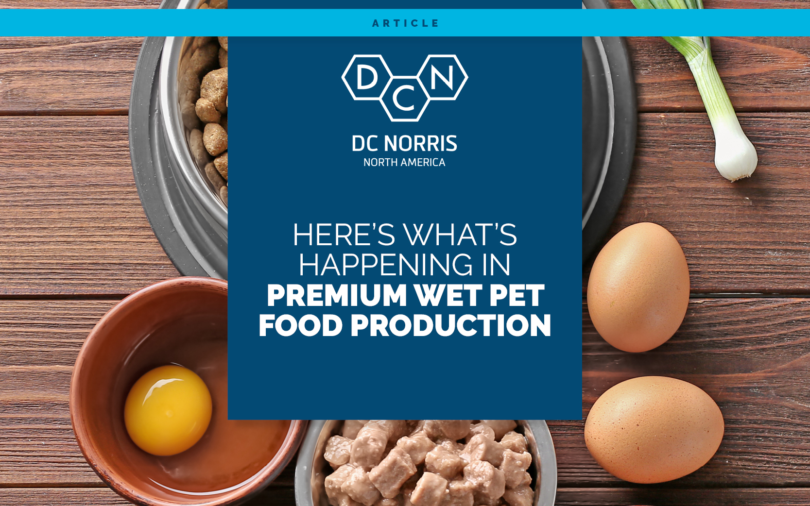 high quality pet food ingredients like eggs and vegetables arranged on a wooden background. A blue banner hangs over top and below the DC Norris North America logo reads: Here's What's Happening in Premium Wet Pet Food Production Now