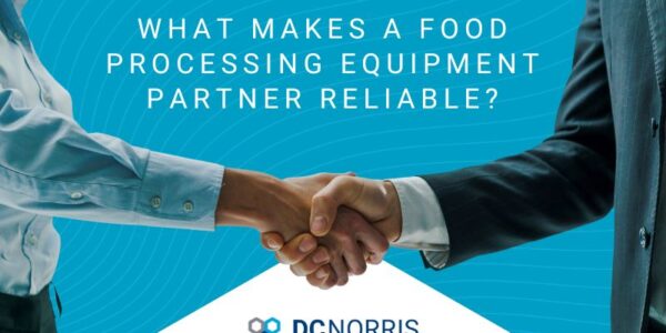 an image of a professional handshake between two people is just above a white diamond shape with the dc norris north america logo. Above the handshake is a headline that reads "What makes a food processing equipment partner reliable?"
