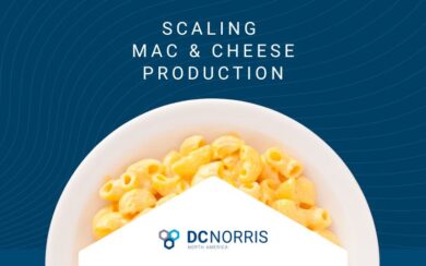 a large white bowl filled with macaroni and cheese is just below a headline that reads "scaling mac and cheese production"