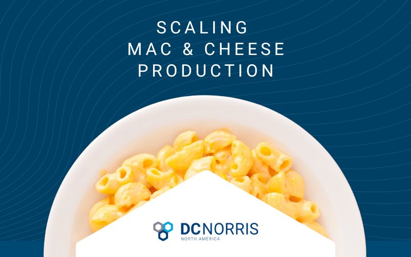 a large white bowl filled with macaroni and cheese is just below a headline that reads "scaling mac and cheese production"