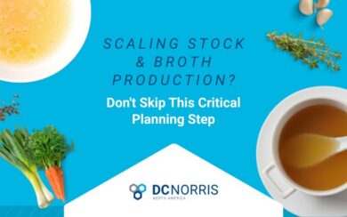 a bright blue flat background has a variety of broths and broth making ingredients in the corners. These ingredients include peppercorns, leek, carrots, thyme and garlic cloves. In the middle is a headline that reads Scaling Stock & Broth Production? Don't Miss This Critical Planning Step. The DC Norris North America logo is at the bottom of the image.