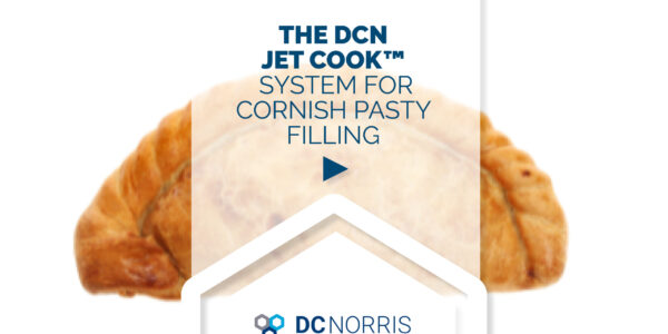 a traditional cornish pasty on a white background. Above it is a headline that reads: The DCN Jet Cook System for Cornish Pasty Filling
