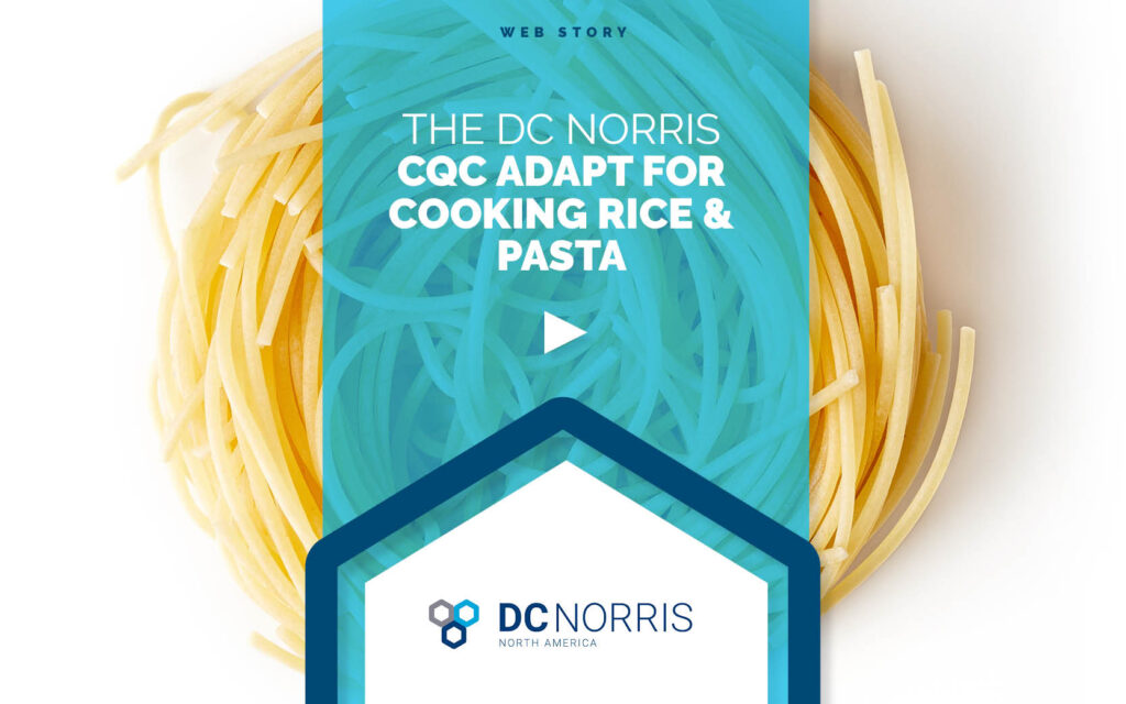 a nest of linguini on a white background with a headline that reads: The DC Norris CQC Adapt for Cooking Rice & Pasta. The DC Norris North America logo is at the bottom of the image.