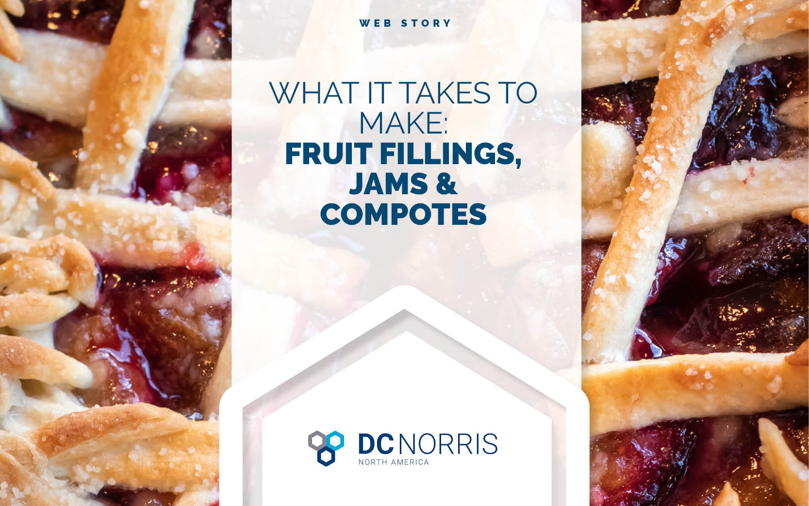 a fruit pie with a lattice topping makes up the background image. above it there is a headline that reads: what it takes to make fruit fillings, jams and compotes