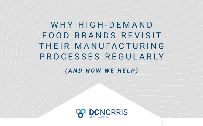 a light gray background is behind a headline that reads 'Why High Demand Food Brands Revisit Their Manufacturing Processes Regularly (and how we help). The DC Norris North America logo is at the bottom of the gray box.